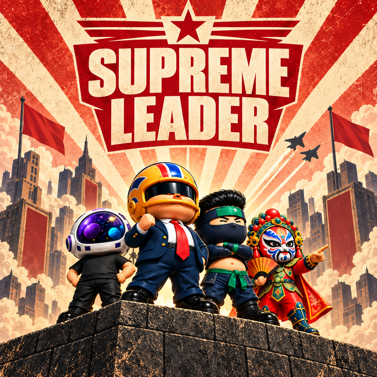 SUPREME LEADER — four chibi leaders on a parapet beneath a red propaganda sunburst